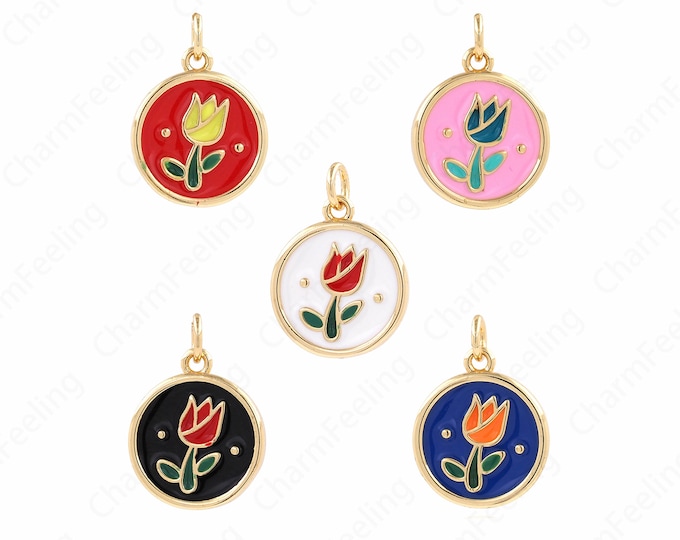 18K Gold Filled Plant Necklace, Gold Rose Pendant, Rose Charm, Plant Pendant, Rose Necklace,Enamel Charm,Round Pendant, 20x14.5x2.5mm