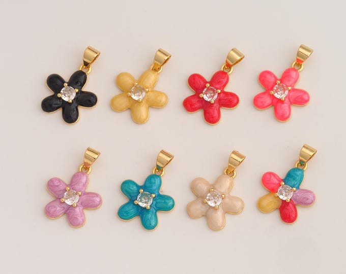 Enamel Flower Pendant,CZ Flower Pendant,18K Gold Filled Flower Charm,DIY Jewelry Accessories,21.5x15x3.8mm