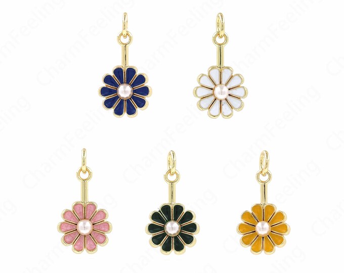 Enamel Flower Necklace,Micropavé CZ Plant Pendant,18K Gold Filled Flower Pendant,Plant Charm, DIY Jewelry Making Accessories,20x10x3.7mm