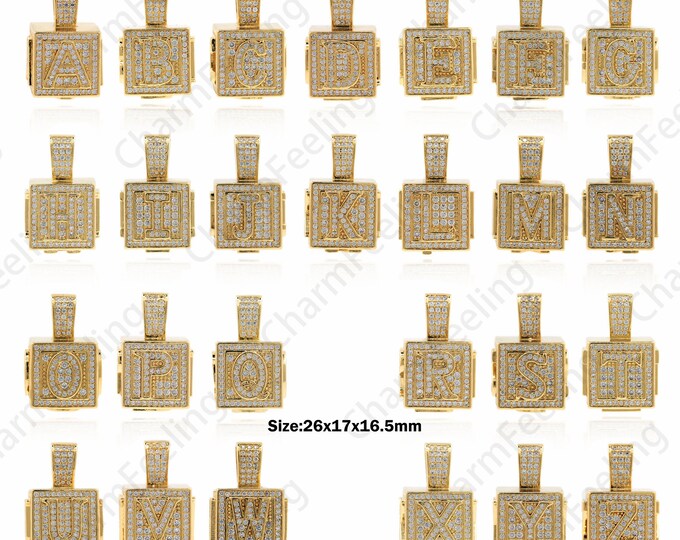 Letter Pendant,Mircopave CZ Cube A-Z Letter Pendant, Initial Label Letter Pendant,  Personalized Initial Letter Pendant 26x17x16.5mm