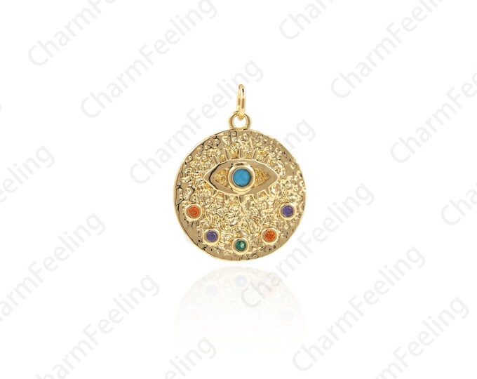 CZ Color Round Eye Pendant, Single Eye Charm,Micro Pave eye charm, Coin Eye Necklace, DIY Jewelry Making 19.7x14.8x1.8mm