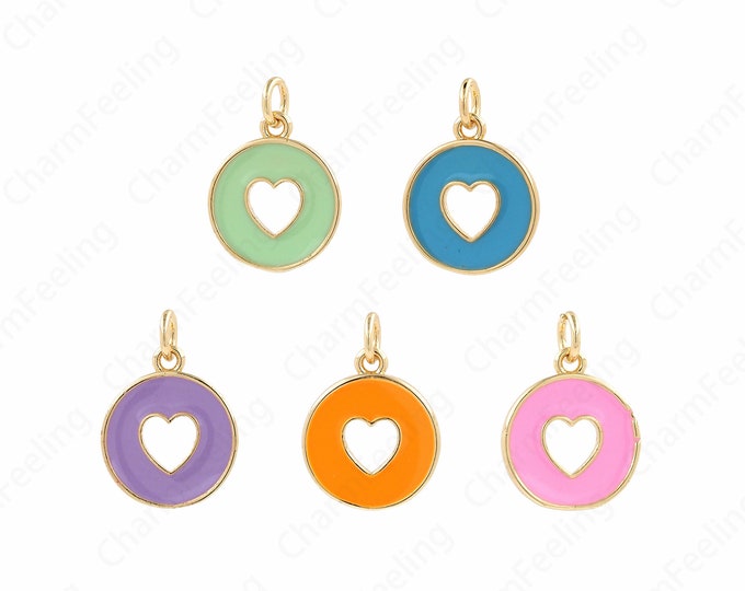 18K Gold Filled Round Enamel Love Heart Pendant,Heart charm, Enamel Heart Necklace, DIY Jewelry Accessories 14x17.5x2mm