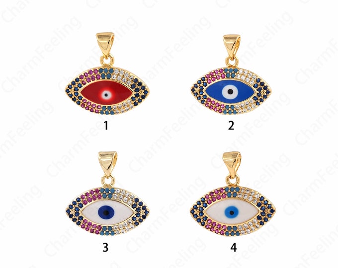 Lucky Eye Necklace, 18K Gold Filled Devil's Eye Pendant, Micropavé CZ Eye Pendant, Enamel Charm, DIY Jewelry Supplies, 19x19.5x3.5mm