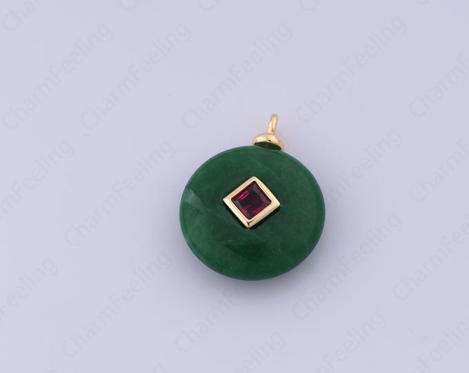 Malayan Jade Charm,18K Gold Filled Natural Stone Charm,Round Pendant, Micropavé CZ Round Pendant, DIY Jewelry Accessories,23.2x18x6.6mm