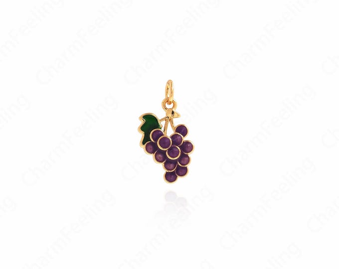 Grape Pendant, Enamel Charm, 18K Gold Filled Fruit Necklace, Micropavé CZ Fruit Pendant, DIY Jewelry Supplies, 20x11x3mm