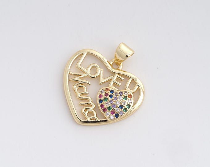 18K Gold Filled Mama Charm, Heart Pendant, Micropavé CZ Heart Necklace, Word Necklace, DIY Jewelry Supplies, 24.5x22.2x3.2mm