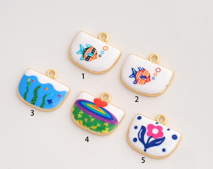 Fish Pendant,Enamel Marine Life Pendant,18K Gold Filled Flower Charm,DIY Jewelry Accessories,19.5x22.7x3.7mm