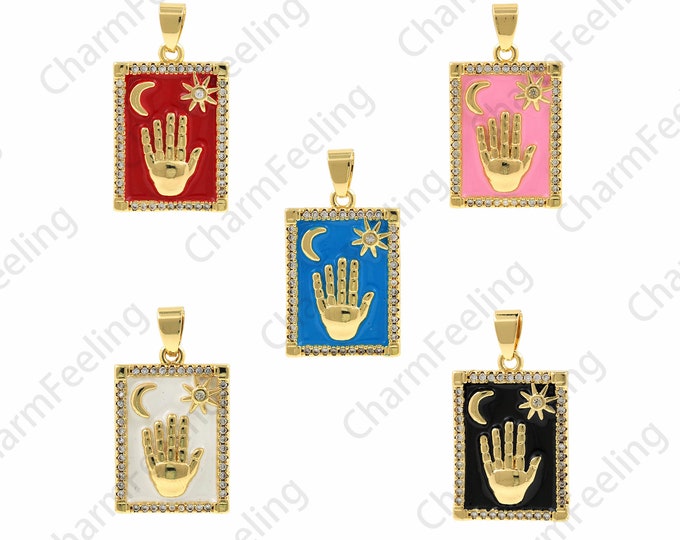 18K Gold Filled Third Eye Tarot Necklace,Enamel Square Hand-Eye Pendant,Lucky Eye Pendant,Rectangular Tarot Pendant 17.7x32.x3.5mm