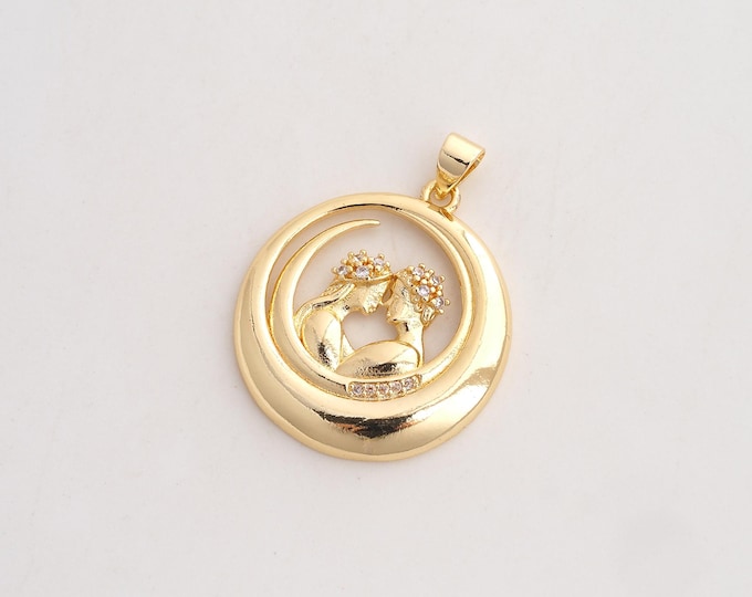CZ Couple Pendant,Lover Pendant,18K Gold Filled Round Charm,DIY Jewelry Accessories,32.6x25x3mm
