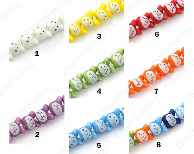 Glazed Hand Painted Ceramic Beads, Cute Ceramic Cat Beads, Animal Spacer Beads, Painted Ceramic Beads, DIY Jewelry Supplies, 11x12x10mm