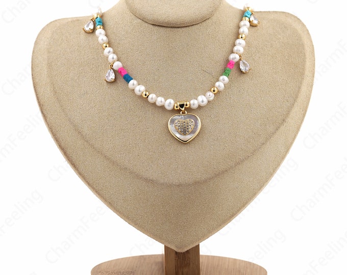 Micro Pave CZ Love Necklace, Heart Necklace, Enamel Charm, 18K Gold Filled Pearl Necklace, Gemstone Necklace, Gift For Her,39cm+6cm