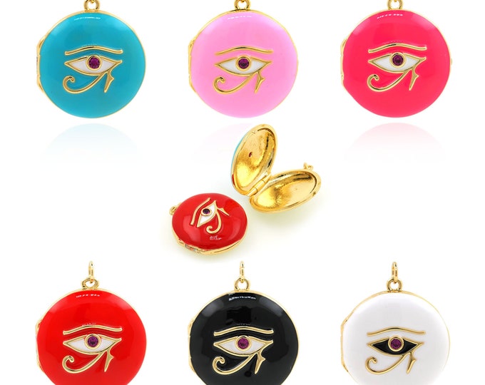 Box Pendant, Eye of Horus Pendant, 18K Gold Filled Enamel Eye Necklace, Micropavé CZ Box Eye Charm, DIY Jewelry Supplies, 30.5x25x9.5mm