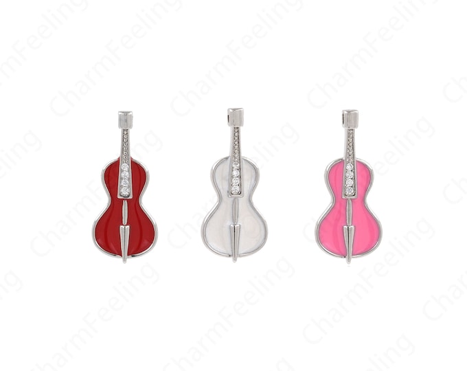 18K Silver Filled Guitar Necklace,Guitar Charm,Micropavé CZ Guitar Instrument Charm,Instrument Charm,DIY Jewelry Supplies,24.5x10.7x3mm