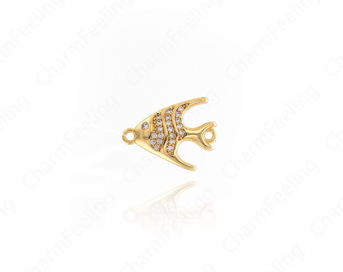 18K Gold Filled Fish Connector,Micro Pavé CZ Pisces Connector, Fish Charm,Fish Jewelry,Simple Connector 13x16.7x2.6mm