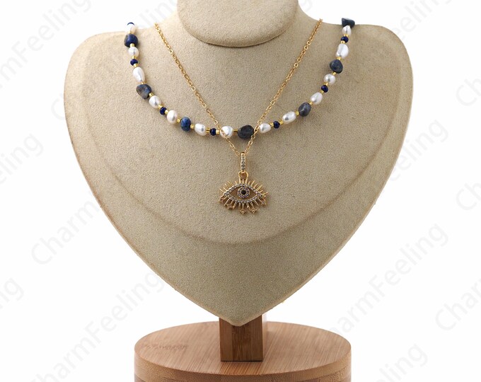 Micropavé CZ Dainty Eye Necklace, Freshwater Pearl Necklace, 18K Gold Filled Spacer Bead Necklace, Gift For Her, Everyday Necklace,43cm