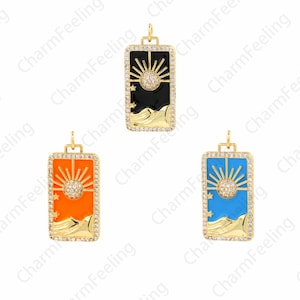 Colgante de carta del Tarot, dije de sol, colgante cuadrado, dije de Tarot chapado en oro de 18 quilates, dije de esmalte con circonitas micropavé, suministros de joyería DIY, 30 x 14 x 3,5 mm