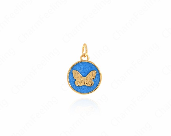 Enamel Butterfly Necklace,18K Gold Filled Butterfly Pendant,Round Charms, Insect Necklace,DIY Jewelry Accessory 17.8x12.4x2mm