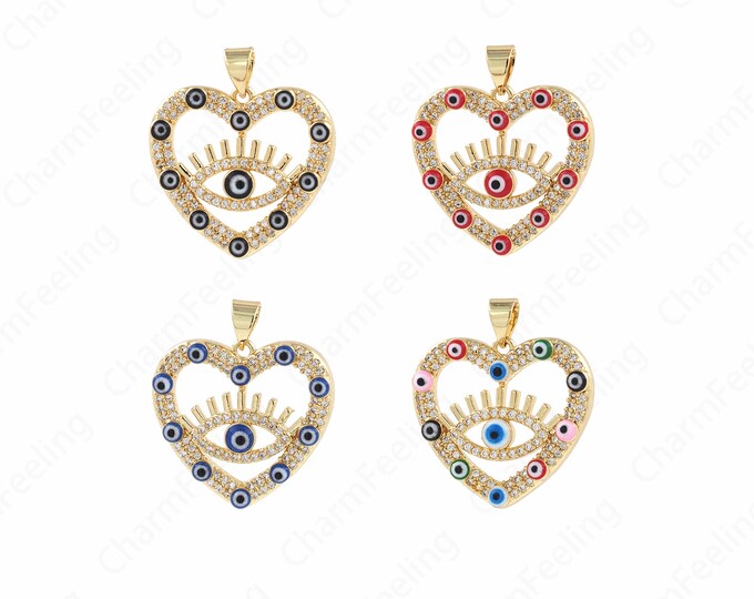 Love Eye Necklace,18K Gold Filled Heart-shaped Eye Pendant,Micropavé CZ Enamel Eye Charm,Enamel Charm,DIY Jewelry Accessories,25.5x23x5mm