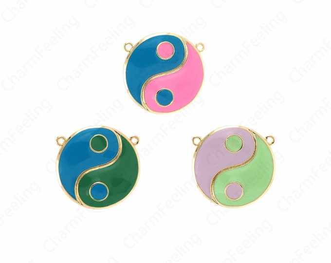 Enamel Feng Shui Charm,Tai Chi Necklace, 18K Gold Filled Taoist Pendant, Spirits Pendant, Tai Chi Charm, Enamel Charm, 30x31x3.5mm