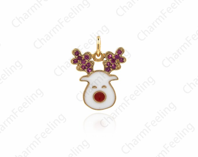 Enamel Reindeer Pendant, Micro-Pave Christmas Deer Pendant, Fawn Necklace, Christmas Collection, Animal Charm 17x13x1.5mm 1pcs