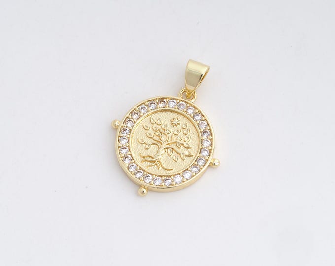 Micropavé CZ Plant Charm, Tree Of Life Necklace, 18K Gold Filled Round Pendant, Tree Of Life Charm, DIY Jewelry Accessories,25x19x1.8mm