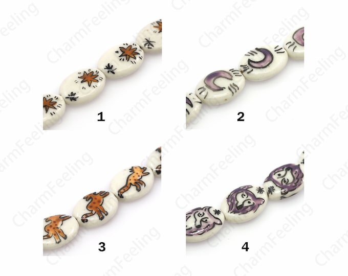 Animal Ceramic Beads,Oval Flat Beads,Wolf Beads,Painted Ceramics,Glazed Hand Painted Ceramics,Fox Beads, Moon Beads,Star Beads,19.5x14x5.5mm