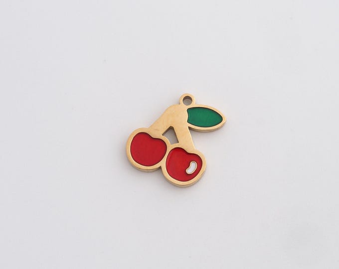 Enamel Cherry Charms,Dainty Fruit Charm, 18K Gold Filled Cherry Pendant,DIY Jewelry Accessories 12.5x11.5x1.5mm