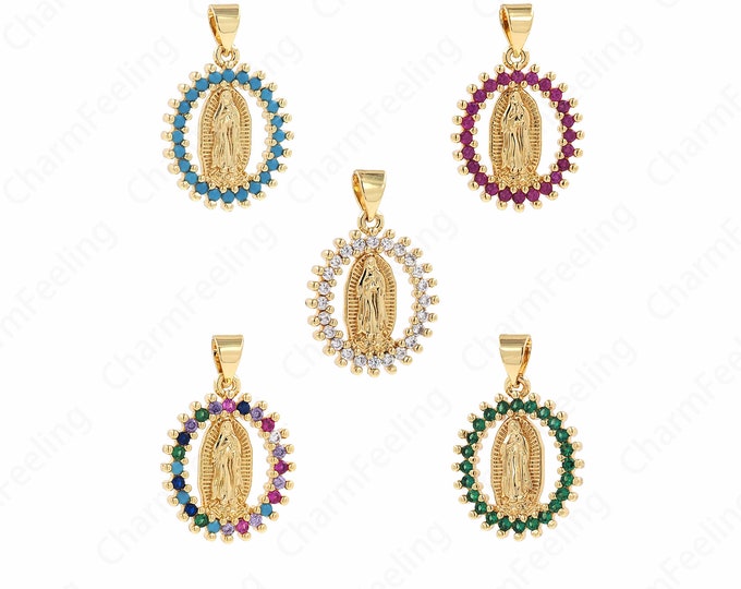 18K Gold Filled Virgin Mary Pendant, Virgin Necklace, Micropavé Cubic Zirconia Strip Pendant, DIY Jewelry Components 24x16x2.5mm