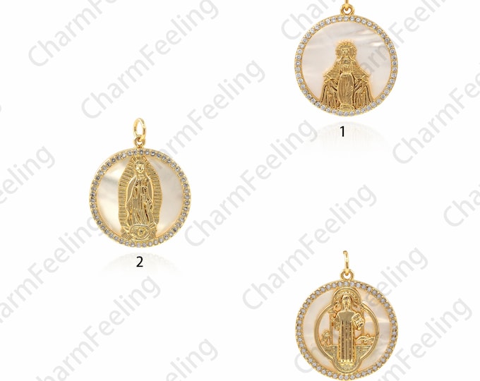 Madonna Pearl Pendant, 18K Gold Filled Pearl Necklace, Micropavé CZ Madonna Pendant, Catholic Charm, DIY Jewelry Accessories 28x22x3mm