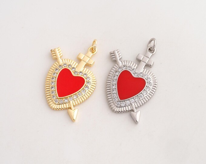 CZ Heart Pendant,Enamel Arrow Pendant,18K Gold Filled Heart Arrow Charm,DIY Jewelry Accessories,33.5x24.3x2.6mm