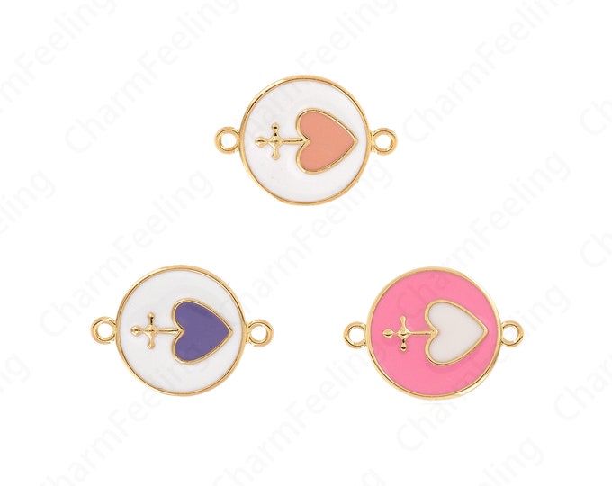 Circular Connector, Enamel Connector, 18K Gold Filled Enamel Charm, Heart Connector, Heart Charm, DIY Jewelry Supplies, 17.5x24.3x2mm