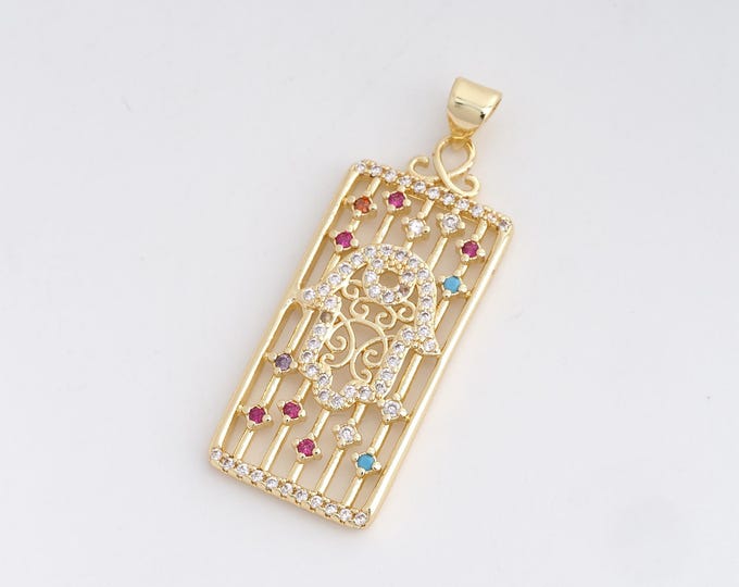 18K Gold Filled Hand-Eye Necklace,  Hamsa Pendant, Micropavé CZ Hamsa Necklace, Eye Pendant,DIY Jewelry Accessories, 39.5x15x2.2mm