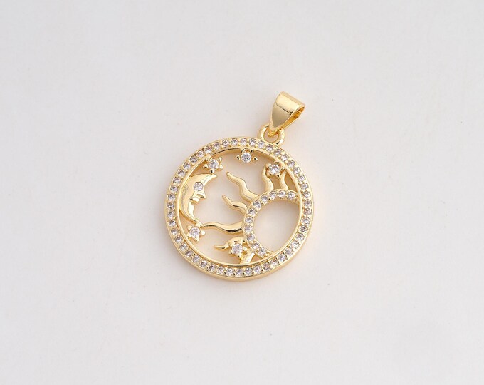 CZ Sun Moon Star Pendant,Celestial Pendant,18K Gold Filled Round Charm,DIY Jewelry Accessories,27.6x19.7x2.5mm
