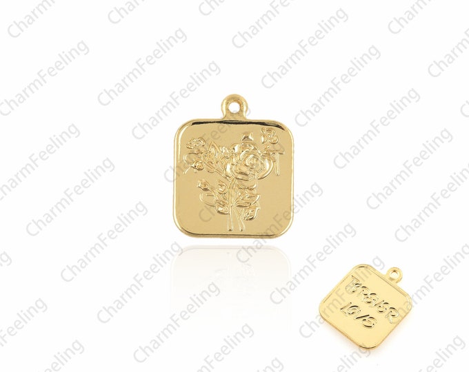 18K Shiny Gold Medallion, Rose Flower Medallion, Necklace Pendant, Square Medallion 18.2x15x1.1mm 1pcs