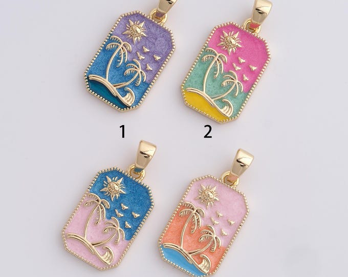 Plant Necklace,Square Palm Charm,18K Gold Filled Enamel Charm,Tree Pendant,DIY Jewelry Making Accessories,29x14x2mm