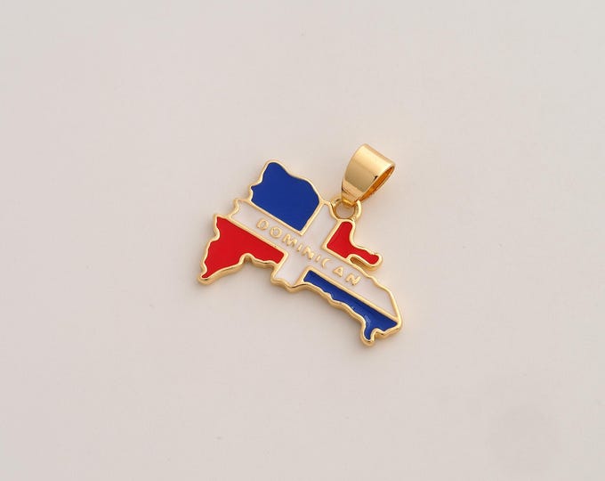 Enamel Dominican Republic Flag Pendant,Dominican Republic Map Pendant,18K Gold Filled Dominican Charm,DIY Jewelry Accessories,23.2x24x1.7mm