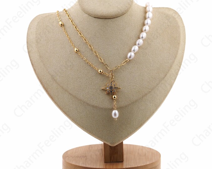 Beaded Necklace, 18K Gold Filled Star Pendant Necklace, Gemstone Necklace, Pearl Necklace, Gift For Her, Pearl Jewelry, 40cm