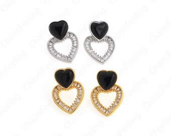 Boucles D'Oreilles Cœur Diamant Cubic Zirconia - Or 18K - Puces Clous - Femme