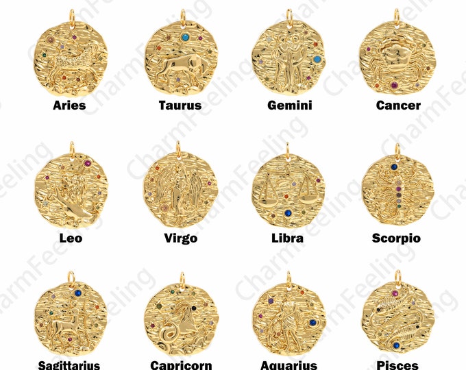 18K Gold Filled Zodiac Pendant, Constellation Pendant,Zodiac Pendant, Micropavé CZ Constellation Necklace,DIY Jewelry Accessories, 25x22x3mm