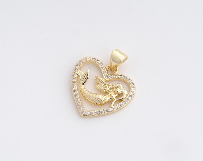 CZ Heart Pendant,Mermaid Pendant,18K Gold Filled Love Charm,DIY Jewelry Accessories,21.6x18x3.2mm