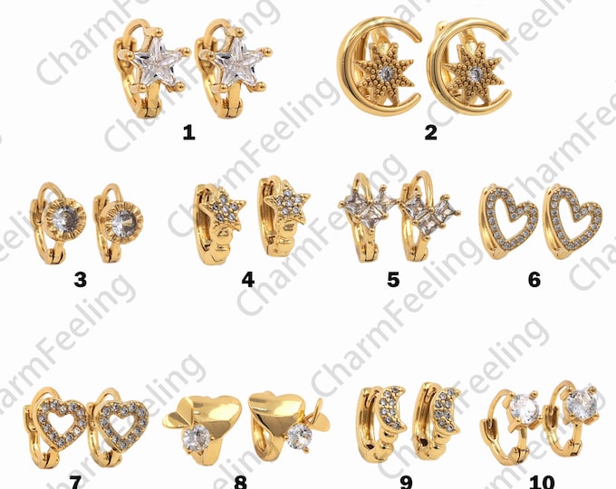 18K Gold Filled Multi-Style Earrings,Micropave CZ Earrings,Polaris Earrings, Love Earrings,Stamp Earrings, Moon Earrings,Eye Earrings 1 pair