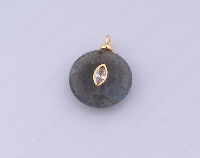 18K Gold Filled Natural Stone Charm,Round Pendant, Micropavé CZ Circle Pendant, DIY Jewelry Accessories,22.6x18x6.5mm