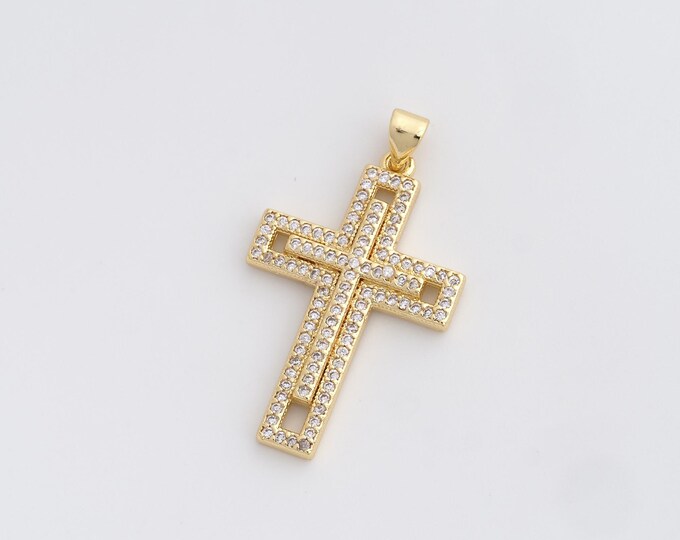 18K Gold Filled Cross Pendant,Religious Charm,Cross Charm,Christian Charm,Micropavé CZ Cross Necklace,DIY Jewelry Accessories,36.5x20.8x3mm