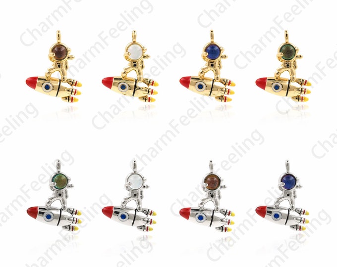 18K Gold Filled Rocket Pendant, Astronaut Charm, Micro-pavé CZ Astronaut Necklace, NASA Charm, DIY Jewelry Making Supplies, 27x22x5.7mm