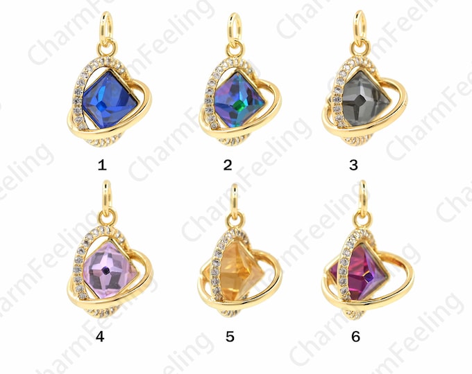 18K Gold Filled Ring Crystal Pendant, Rhinestone Necklace, Micro-pave CZ Double Ring Necklace, Star Ring Charm, CZ Charm, 18x12x12mm