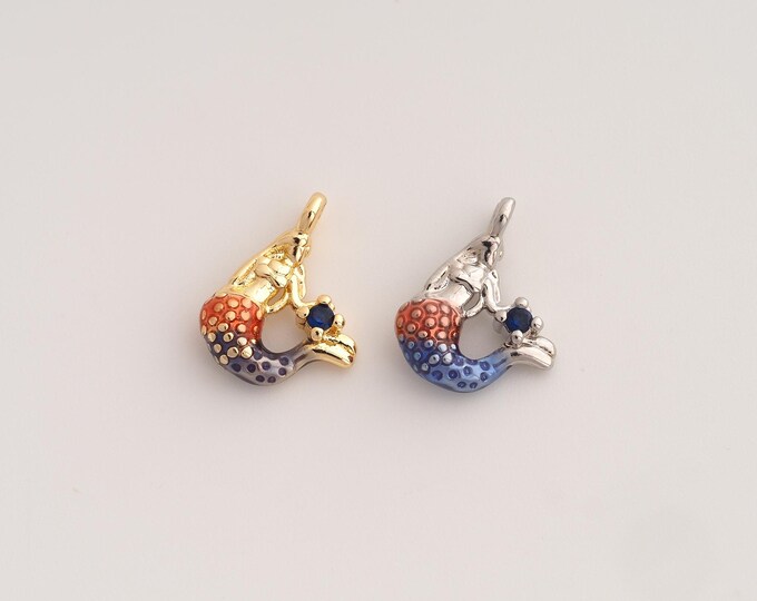Enamel Mermaid Pendant,CZ Mermaid Pendant,18K Gold Filled Mermaid Charm,DIY Jewelry Accessories,15x11.8x4.2mm