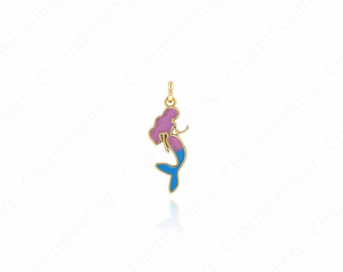 Enamel Mermaid Pendant, Puffed Pendant, 18K Gold Filled Mystical Creature Charm, DIY Jewelry Supplies, 20.5x7.5x1.5mm