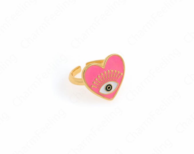 Heart Signet ring Ring,Enamel Engagement Ring, 18K Gold Filled Eye Ring, Enamel Heart Rings,Gold Open Ring, Adjustable Ring, Gift For Her
