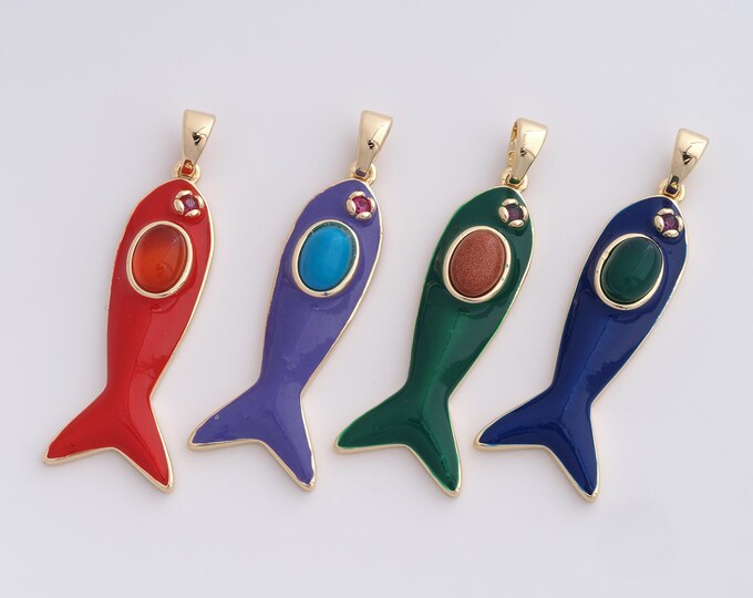 Enamel Fish Pendant,Tropical Fish Pendant, 18K Gold Filled Fish Pendant,Marine Life Jewelry, 45x15.4x7mm