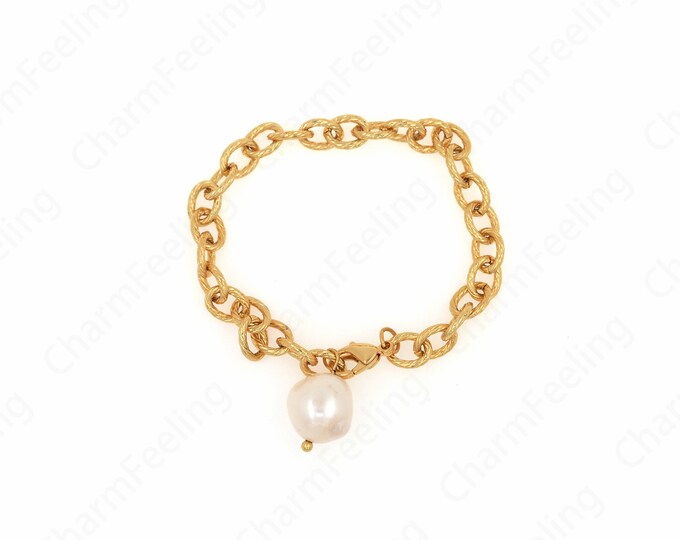 Girls' Bracelet, 18K Gold Filled Cuban Chain Bracelet, Pearl Bracelet, Cuban Link bracelet, Gift For Her 17CM
